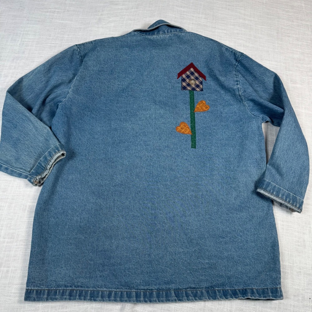 VTG Women XL Denim Coat Jacket Applique Birdhouse Patchwork Cottage Barn Chore - Picture 7 of 16